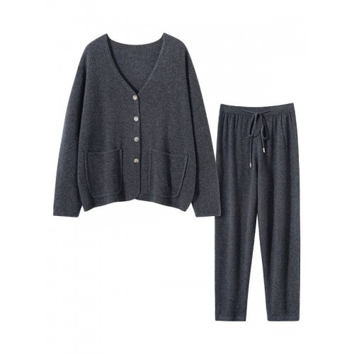 秋冬新款女士V领毛衣开衫宽松休闲裤子时尚纯色100纯羊绒套装