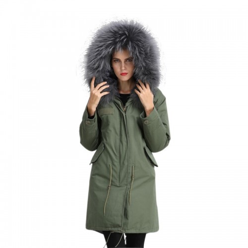 秋冬新款女式棉衣军绿派克大衣真獭兔毛保暖皮草内胆外套